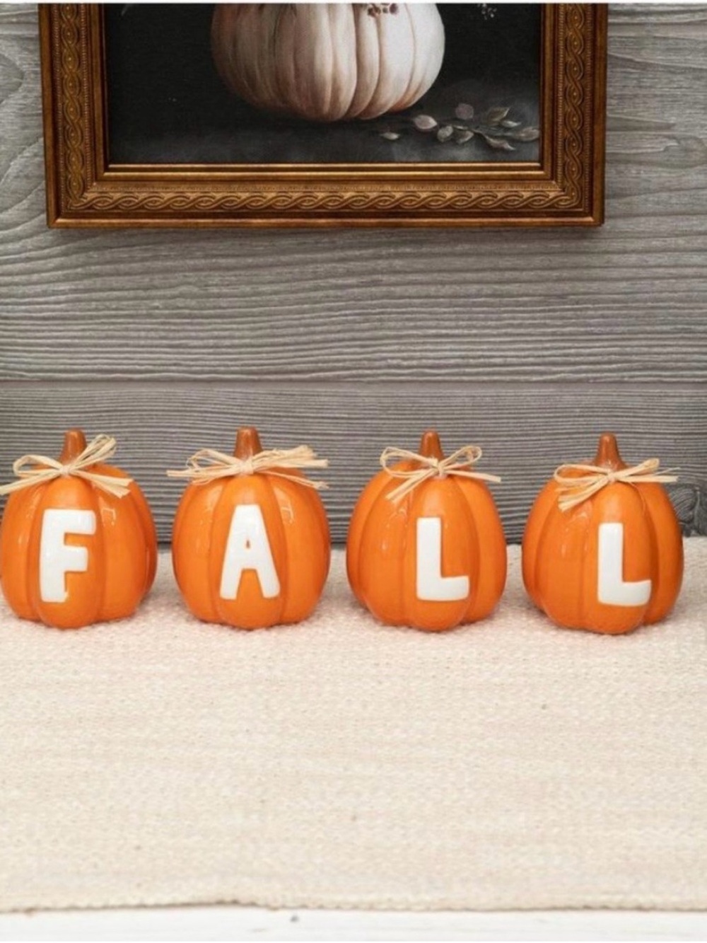 🆕- Set of 4 Ceramic Orange Pumpkins with 'FALL' Letters.